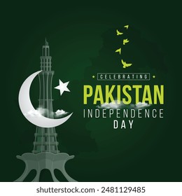 14. August: Pakistan Independence Day. Independence Day Feierlichkeiten Design Vorlage. In: Social Media Post. Vektorillustration.