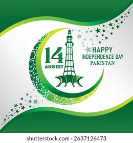 14th August Pakistan Independence Day with moon, stars, minar e pakistan, typography  with wight and green background