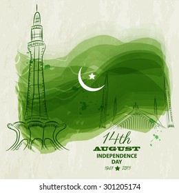 14th of August. Pakistan Independence Day. hand drawn watercolor style Celebration Background. Vector Illustration