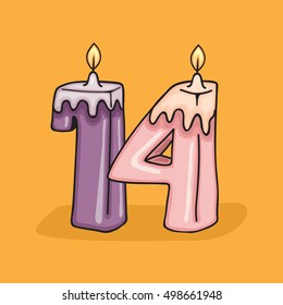 14th Birthday Candle Number .Vector design template elements for your birthday celebration.