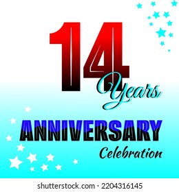 14th birthday celebration background. Red gradient colored numbers and blue gradient background decorated with stars.