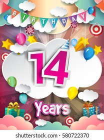 14th Birthday Celebration greeting card Design, with clouds and balloons. Vector elements for the celebration party of fourteen years anniversary