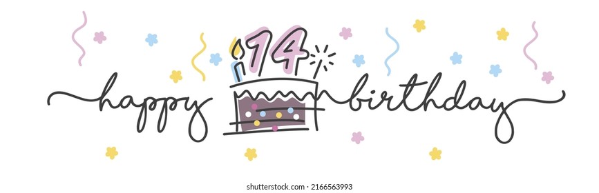 14th Birthday handwritten typography lettering Greeting card with colorful big cake, number, candle and confetti