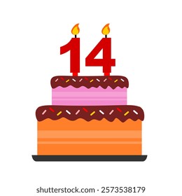 14th Chocolate birthday cake or anniversary wedding cake with red flamable numeral candles flat design vector illustration