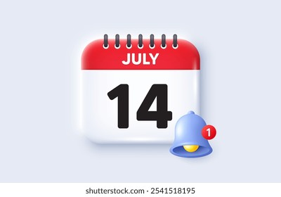 14th day of the month icon. Calendar date 3d icon. Event schedule date. Meeting appointment time. 14th day of July month. Calendar event reminder date. Vector