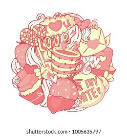 14th February valentines day love doodle circle composition set with cupcake, hearts and sweets, love candle, in pink and yellow colors.