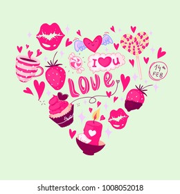 14th February valentines day love doodle set compositioned in a heart shape with cupcake, hearts and sweets, love candle, in red, yellow and brown colors on lime background.
