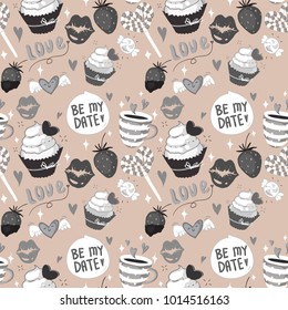 14th February valentines day love doodle seamless pattern with cupcake, hearts and sweets, love candle, in monochrome on light brown background
