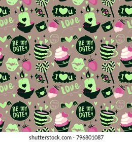 14th February valentines day love doodle seamless pattern with cupcake, hearts and sweets, love candle, in neon green and black colors on light brown background