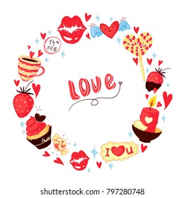 14th February valentines day love doodle set compositioned in a wreath shape with cupcake, hearts and sweets, love candle, in red, yellow and brown colors on white background.
