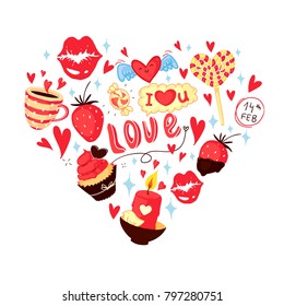 14th February valentines day love doodle set compositioned in a heart shape with cupcake, hearts and sweets, love candle, in red, yellow and brown colors.