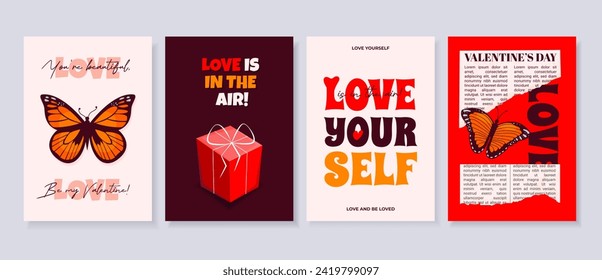 14th February Valentine's Day Posters. Trendy Retro Design Flyers with old newspaper scraps, butterflies, gifts and love fonts. Vintage Creative Love Flyers for Valentines Day.