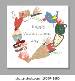 The 14th of February. Vector cute objects and heart shaped elements for Valentine's Day. Card, sweets, coffee, cake, key, candy, letter, rose, lollipop, bird. Drawings for postcards