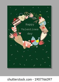 The 14th of February. Vector cute objects and elements of round shape for Valentine's Day on a green background. Card, sweets, coffee, cake, key, candy, letter, rose, lollipop, bird. Drawings for post