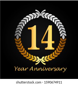 14th gold anniversary celebration logo with golden color and laurel wreath vector design