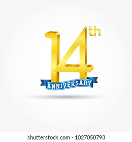 14th golden Anniversary logo with blue ribbon isolated on white background. 3d gold 14th Anniversary logo