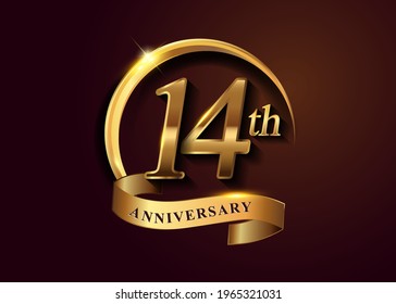 14th golden anniversary logo with gold ring and golden ribbon, vector design for birthday celebration, invitation card.
