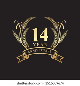 14th golden anniversary logo with ring and ribbon, laurel wreath vector design isolated on black background