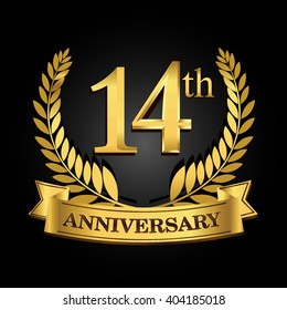 14th golden anniversary logo with ring and ribbon, laurel wreath vector design isolated on black background