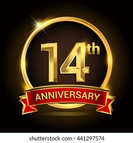 14th golden anniversary logo with ring and red ribbon isolated on black background, vector design for birthday celebration, marriage, corporate, and your business.