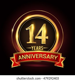 14th golden anniversary logo with ring and red ribbon. Vector design template elements for your birthday celebration.
