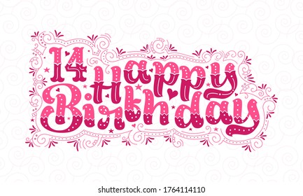 14th Happy Birthday lettering, 14 years Birthday beautiful typography design with pink dots, lines, and leaves.