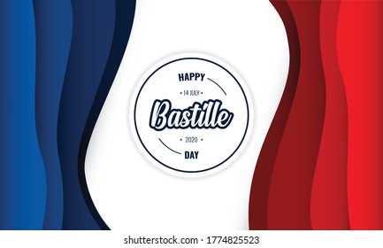 14th of July, 2020. Happy Bastille Day 2020. Vector France Flag Paper Cut 3d Coloring Design