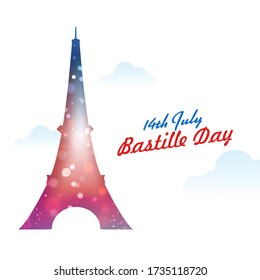 14th July Bastille Day Calligraphy with Bokeh Effect Eiffel Tower on White Background.