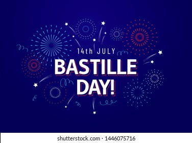 14th July, Bastille Day celebration greeting card or banner design template with text and fireworks in french national colors. - Vector