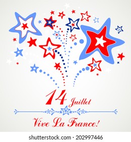 14th July Bastille Day of France. Happy independence day card. Celebration background with firework and place for your text. vector illustration 