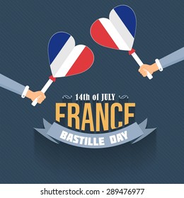 14th July Bastille Day of France Announcement Celebration Message Poster, Flyer, Card, Background Vector Design. Flat Style Heart Symbol France Flag Hold Hands. 