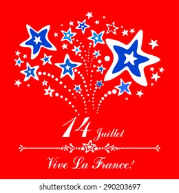 14th July Bastille Day of France. Happy independence day card. Celebration red background with firework and place for your text. vector illustration 