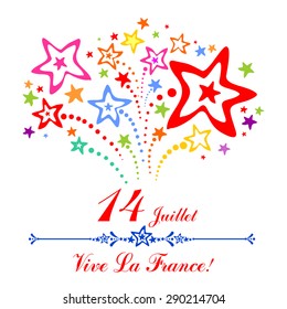14th July Bastille Day of France. Happy independence day card. Celebration background with firework and place for your text. vector illustration 