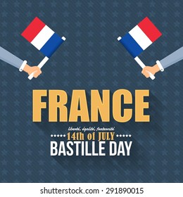 14th July Bastille Day of France Announcement Celebration Message Poster, Flyer, Card, Background Vector Design. Flat Style France Flags Hold Hands. 