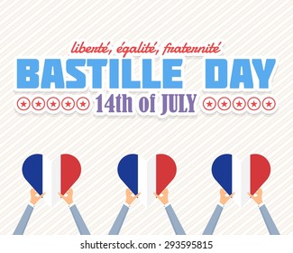 14th July Bastille Day of France Announcement Celebration Message Poster, Flyer, Card, Background Vector Design. Flat Heart Style France Flag Hold Hands. 