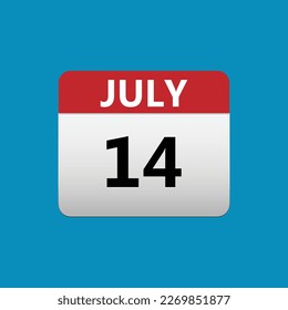 14th July calendar icon. July 14 calendar Date Month icon. Isolated on blue background