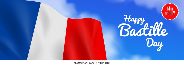 14th of july France independence bastille day banner design with french flags on sky background