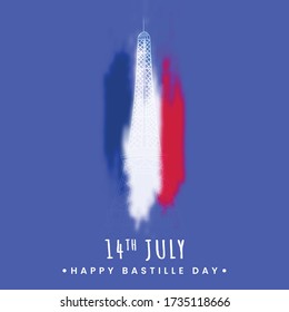 14th July, Happy Bastille Day Poster Design with Eiffel Tower Monument and Blurred France Tricolor Effect on Blue Background.