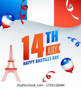 14th July Happy Bastille Day Text with Eiffel Tower Monument, Ribbons and Glossy Balloons on Abstract France Flag Background.