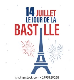 14th July, Happy Bastille Day. National Day of France. Eiffel tower, france flag colors elements. Card, banner, poster, background design. Vector illustration.
