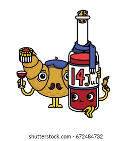 The 14th of July. Vector illustration of cartoon croissant with a bottle of vine.Poster for Viva La France or Bastille Day