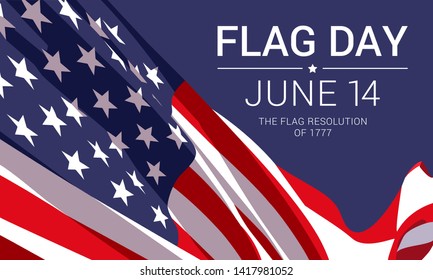 14th June - Flag Day in the United States of America. Vector banner design template with American flag and text on dark blue background.