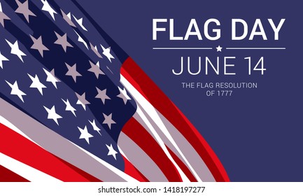 14th June - Flag Day in the United States of America. Vector banner design template with American flag and text on dark blue background.