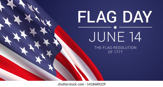 14th June - Flag Day in the United States of America. Vector banner design template with American flag and text on dark blue background.