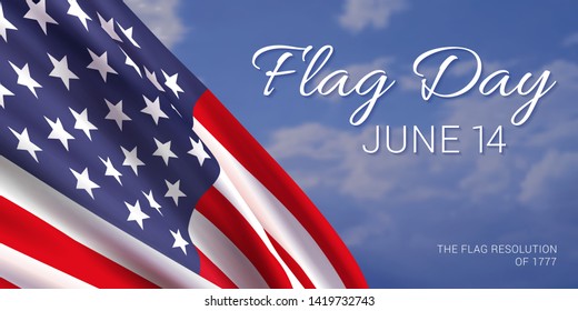 14th June - Flag Day in the United States of America. Vector banner design template with American flag and text on realistic sky background.