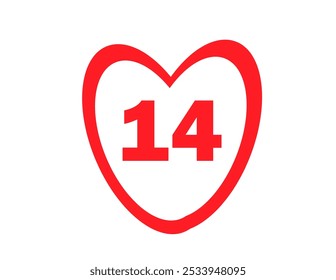 The 14th number in a red heart on a white background