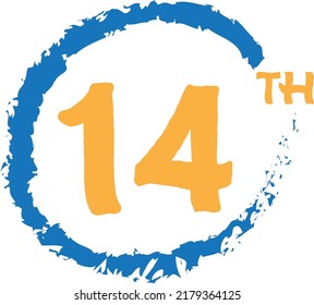 14th ordinal number counting yellow blue vector art illustration with amazing font