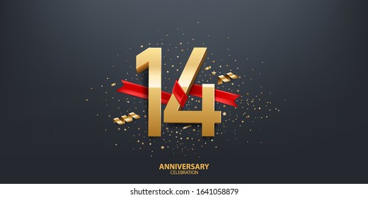 14th Year anniversary celebration background. 3D Golden number wrapped with red ribbon and confetti on black background.