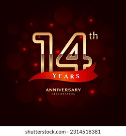 14th year anniversary celebration logo design with a golden number and red ribbon, vector template