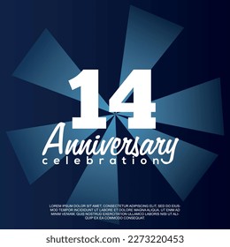 14th year anniversary celebration vector template design illustration with white text elegant blue shiny background.	